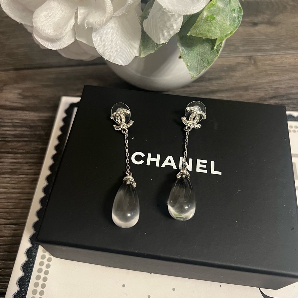 Chanel Silver CC Water‎ Drop Dangle Earrings